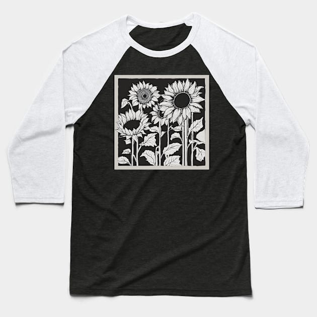 Black and White Sunflowers Baseball T-Shirt by Blessed Deco and Design